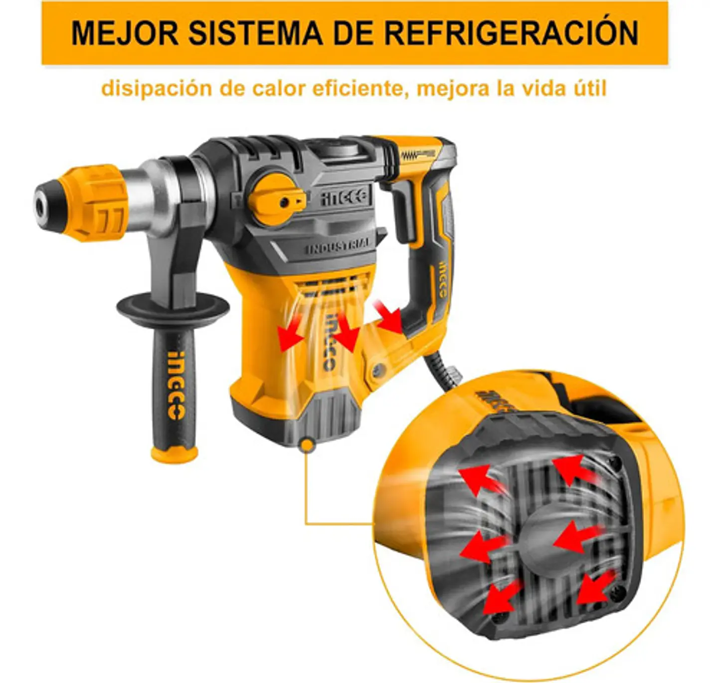 Rotomartillo Industrial Electroneumático 1500w 5.5 Joule 850rpm 4400bpm Con Sistema Sds Plus Amarillo 50 Hz/60 Hz 5