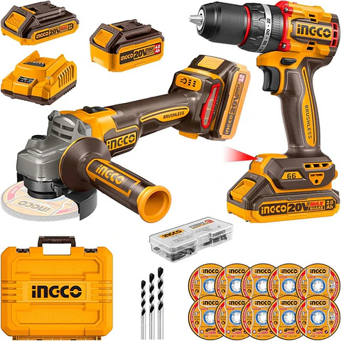 Set Kit Taladro Y Esmeril Bl Inalamb 20v Ingco + 2 Bat + Acc