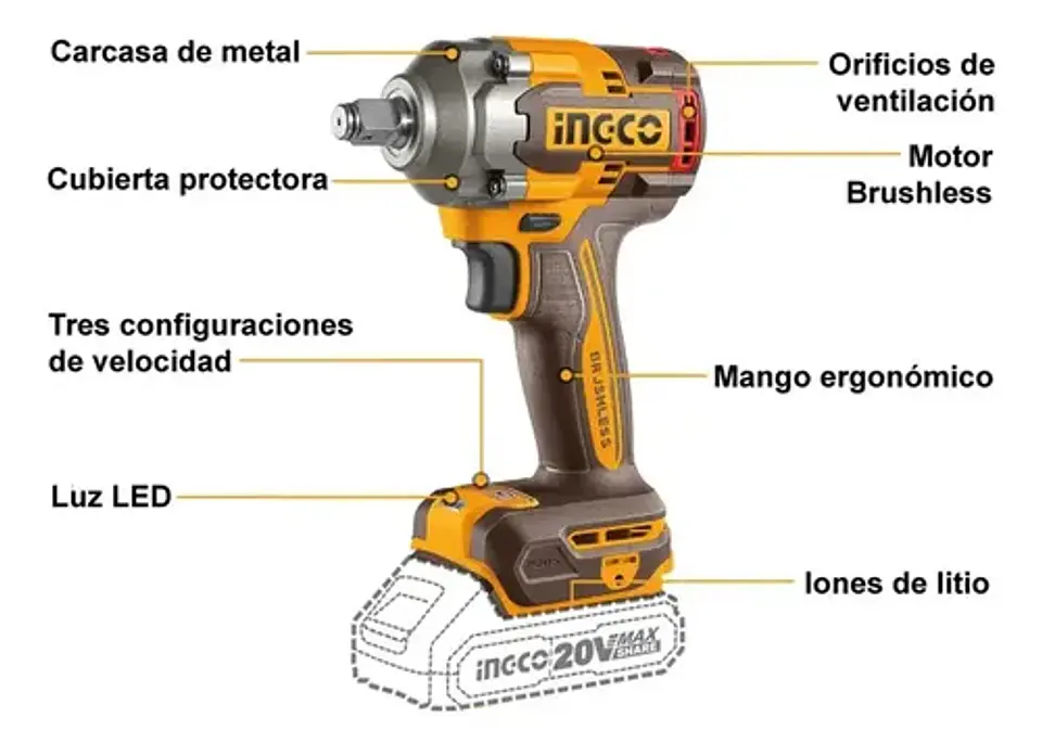Pistola Llave De Impacto Bl 1/2 20v 400 Nm Ingco Ciwli2040 5