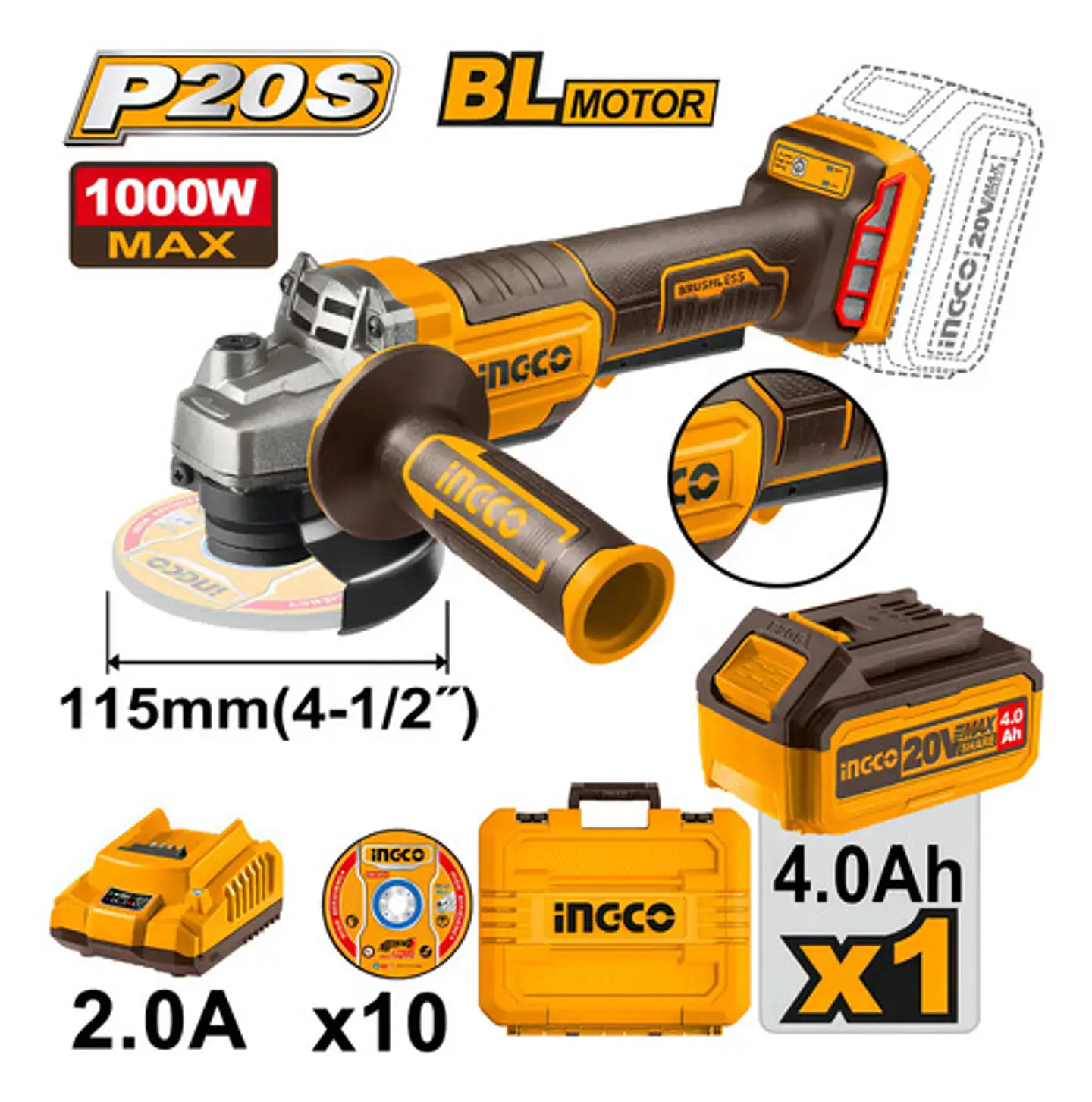 Esmeril Galletera Inalambrico 20v 115mm Ingco Cagli2111561 2