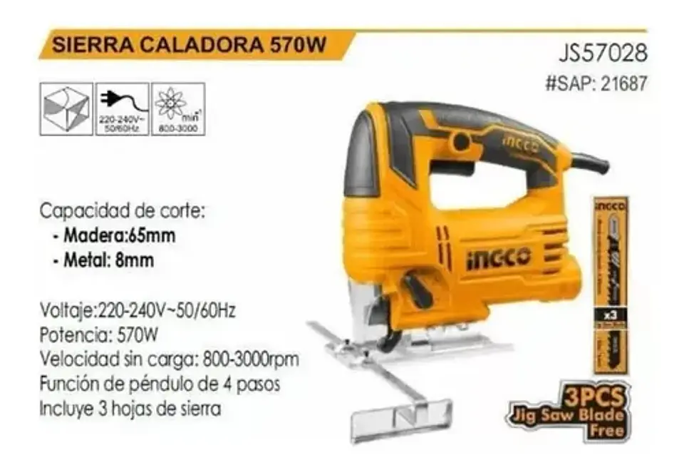 Sierra Caladora Eléctrica Ingco 570w + 3 Sierras + Accesorio 3