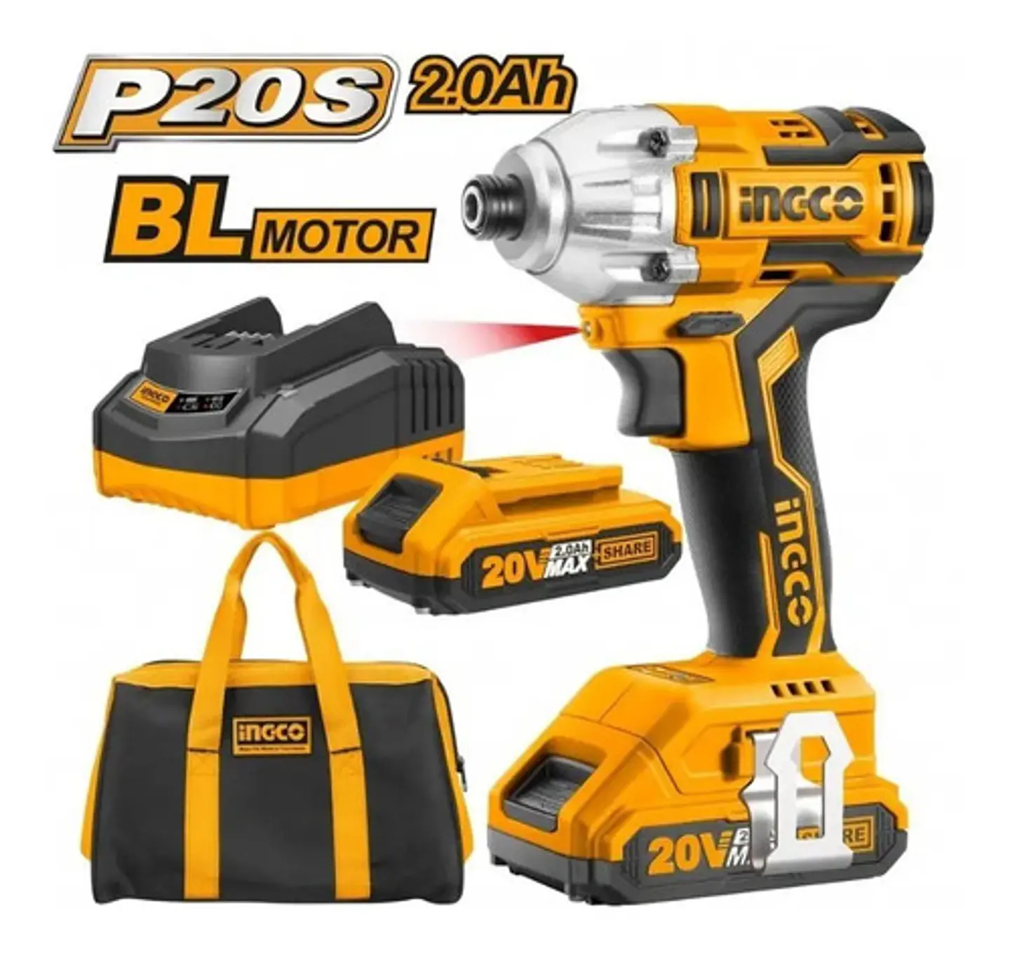 Atornillador De Impacto Ingco 20v + 2 Bat 2 Ah+ Carg + Bolso 1