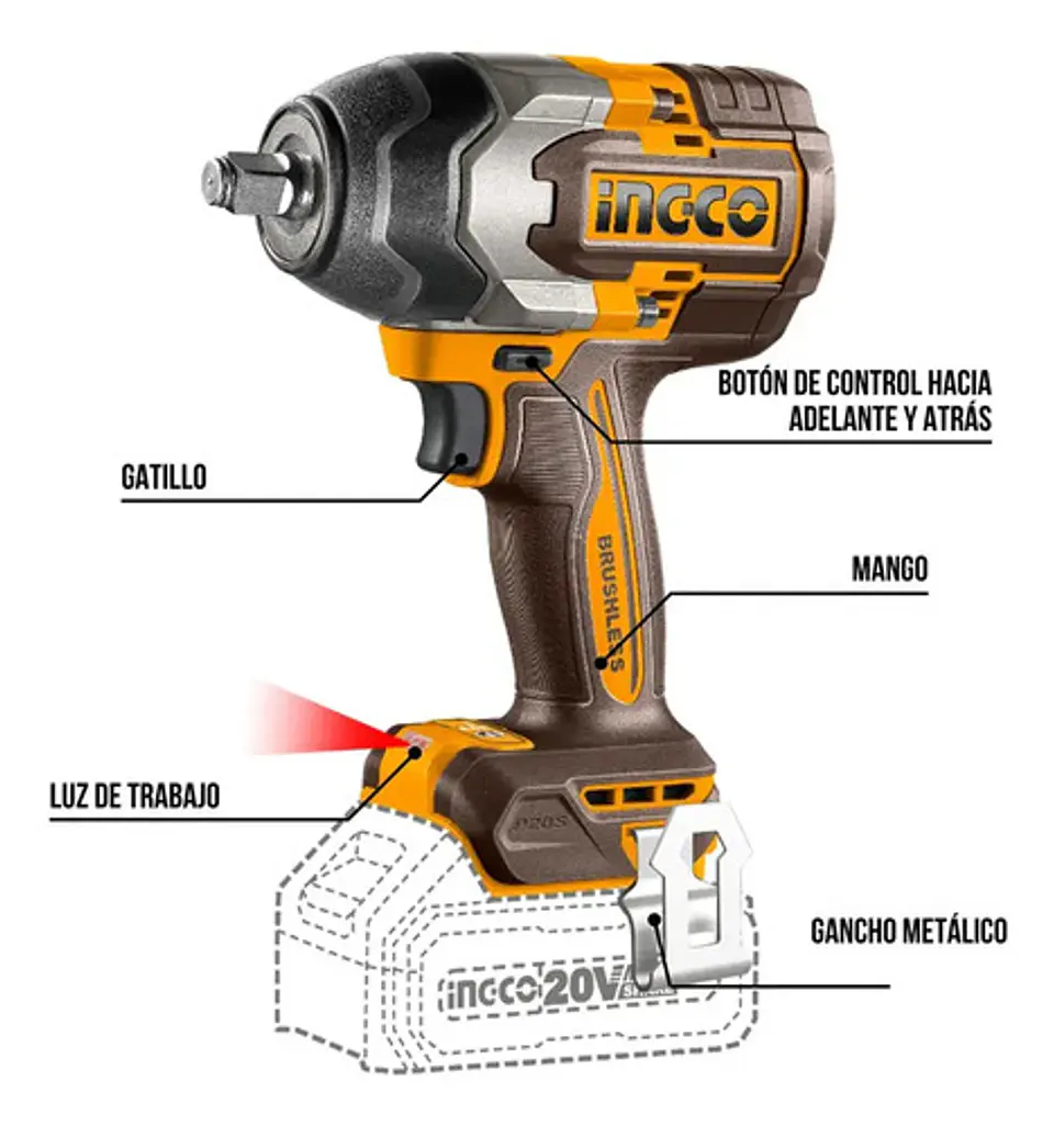Llave Pistola Impacto Ingco Bl 1/2 20v 850nm 2bat Ciwli2085 3