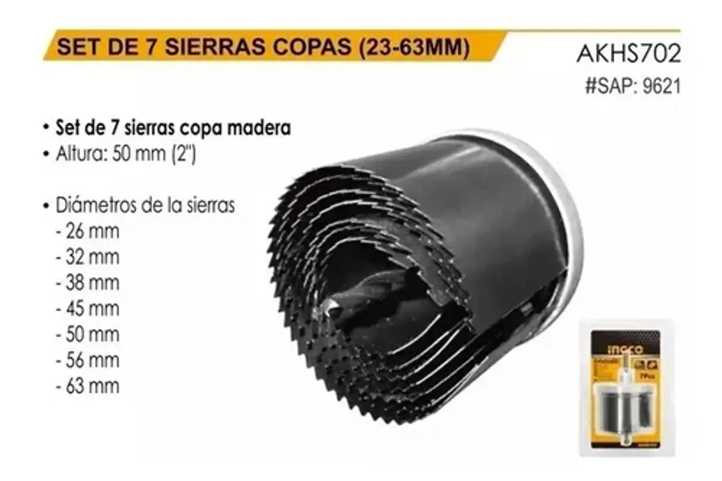Set Juego 7 Brocas Sierra Copa Ingco 26 - 63 Mm Para Madera 4