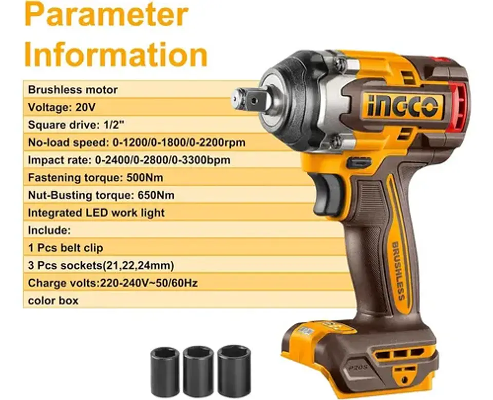 Llave Pistola Impacto Ingco Bl 1/2 20v 500nm Ciwli20501 S/ba 6