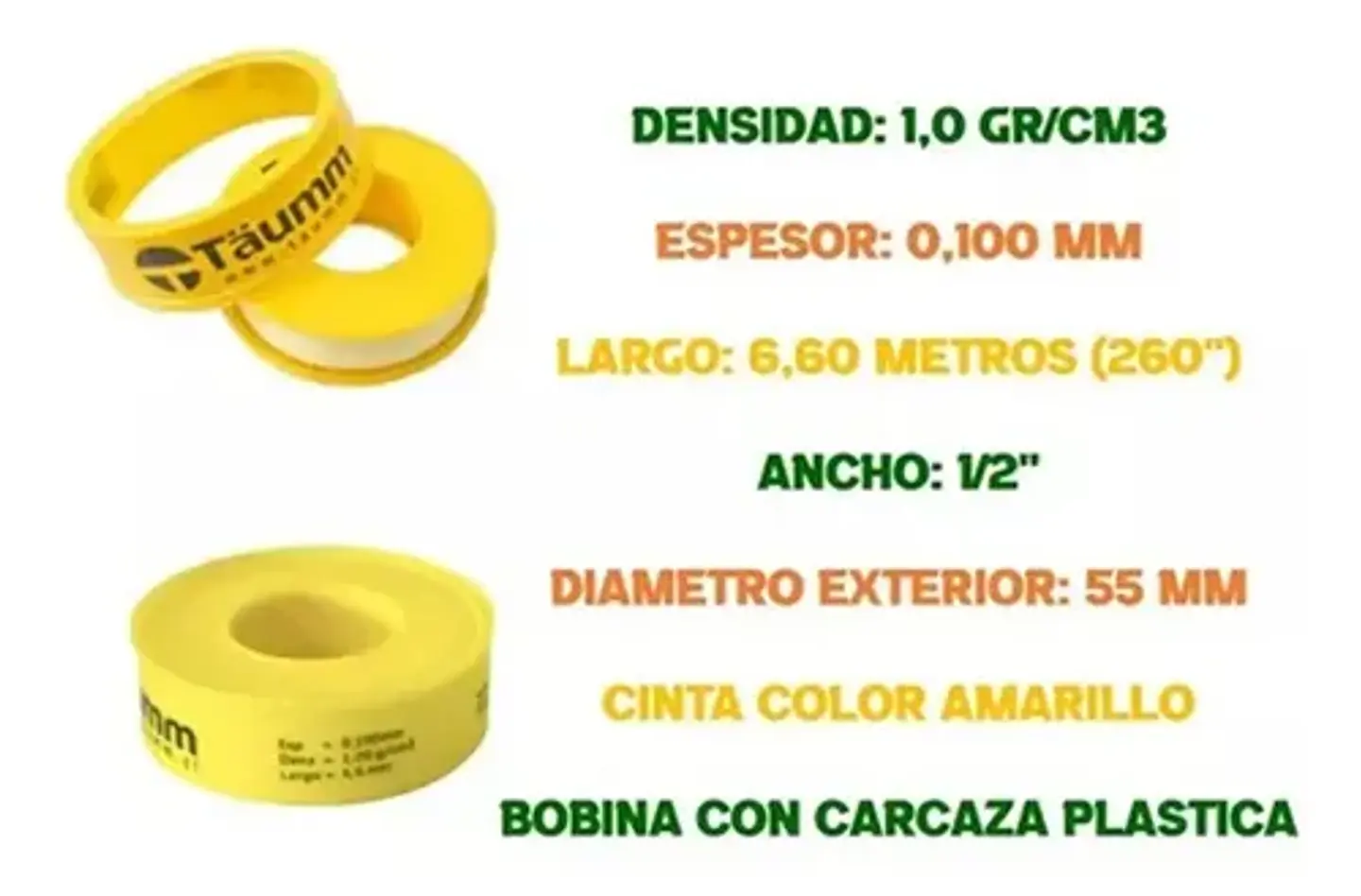 Pack 5 Teflon Amarillo 3/4 PuLG Taumm Espes 0.100 Mm 6.6 Mts 4