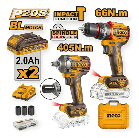 Kit Combo Ingco 20v Taladro Percutor 66nm + Llave De Impacto
