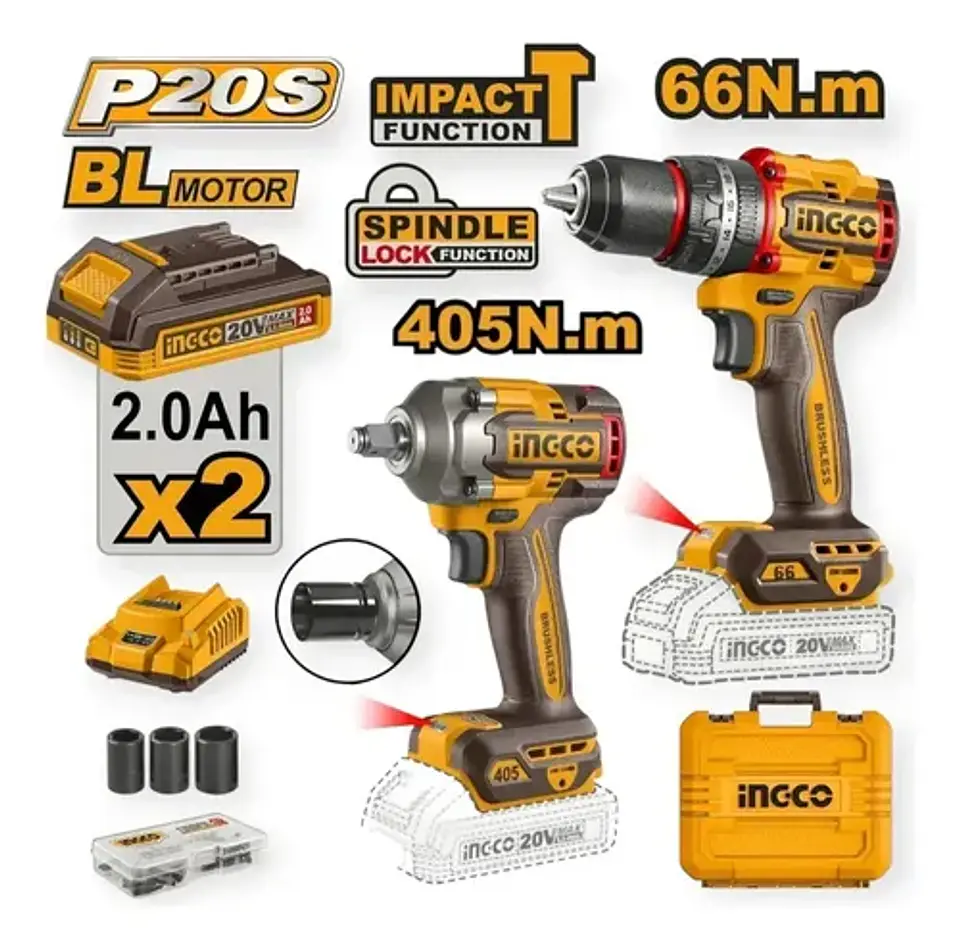 Kit Combo Ingco 20v Taladro Percutor 66nm + Llave De Impacto 1