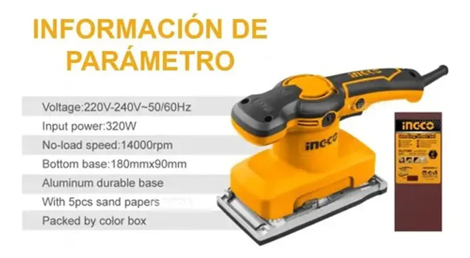 Lijadora Orbital Electrica Ingco 320 W Industrial + 5 Lijas 6