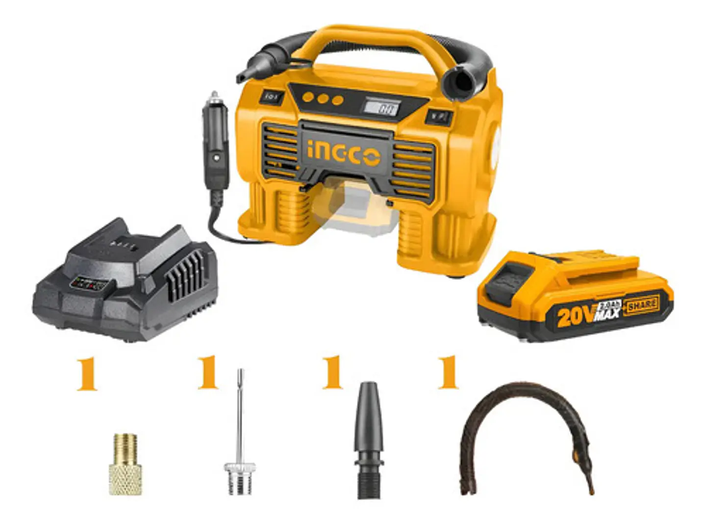 Kit Compresor Inalámbrico Ingco 20v 160 Psi + Bat+ Carg+ Acc 1