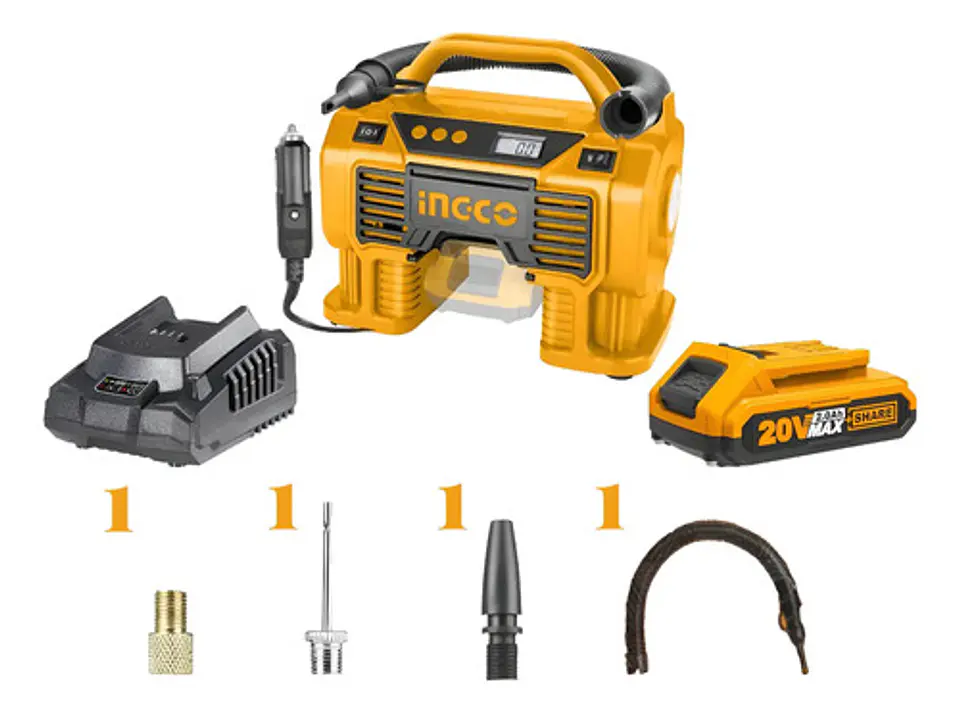 Kit Compresor Inalámbrico Ingco 20v 160 Psi + Bat+ Carg+ Acc 1
