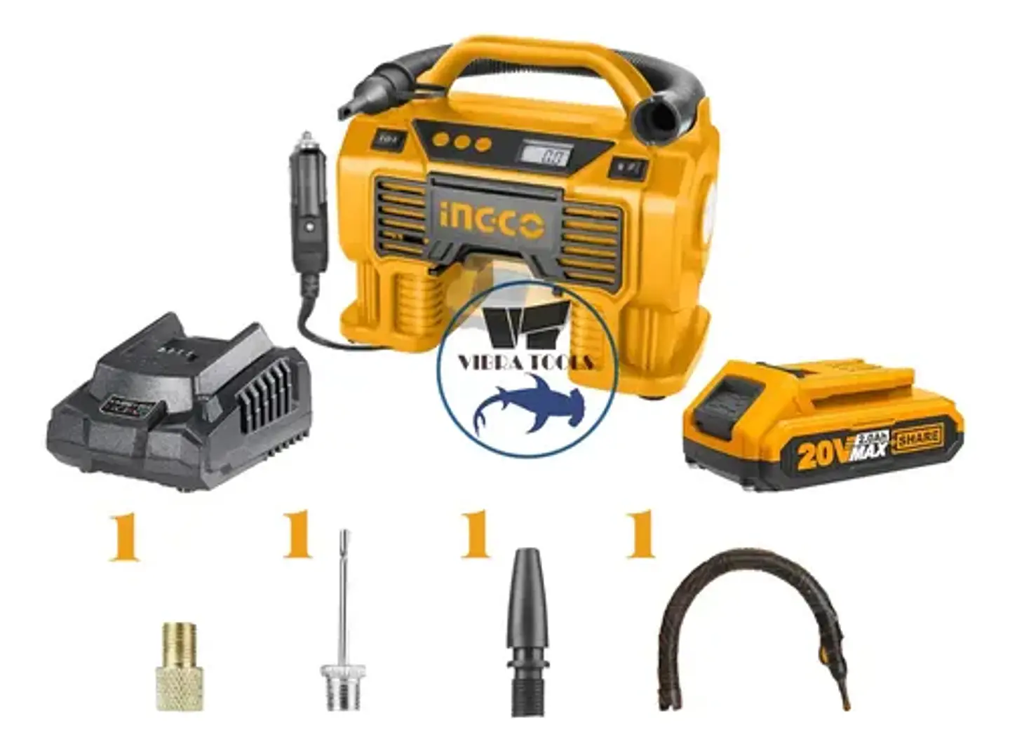 Kit Compresor Inalámbrico Ingco 20v 160 Psi + Bat+ Carg+ Acc 10