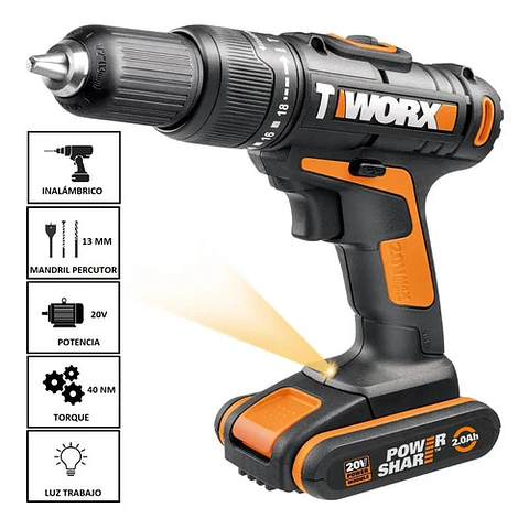 Taladro Percutor Inalámbrico Worx 13 Mm 20v + Bat + Cargador