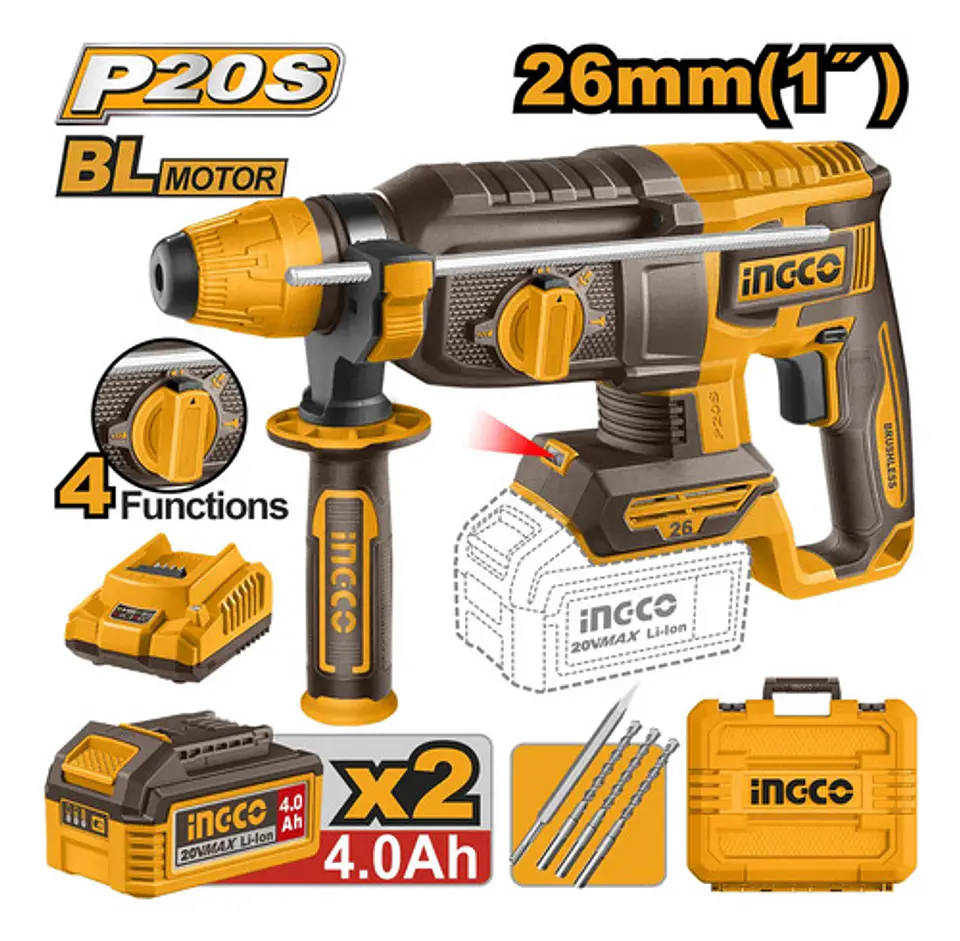 Rotomartillo Inalambrico Bl 20v 2.5j Ingco Crhli202682 Bater 4