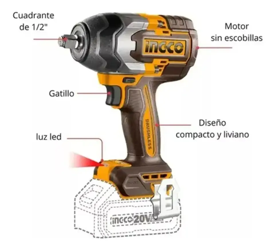 Pistola Llave Impacto Inal Bl 1/2 20v 850 Ingco Ciwli20851 4
