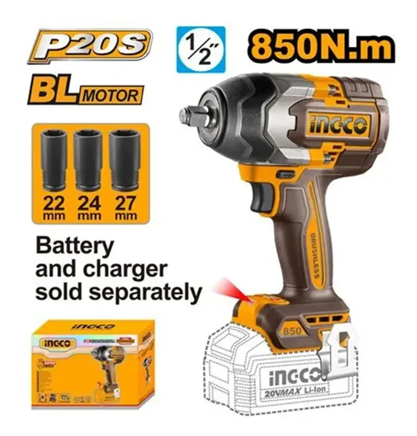 Pistola Llave Impacto Inal Bl 1/2 20v 850 Ingco Ciwli20851 6