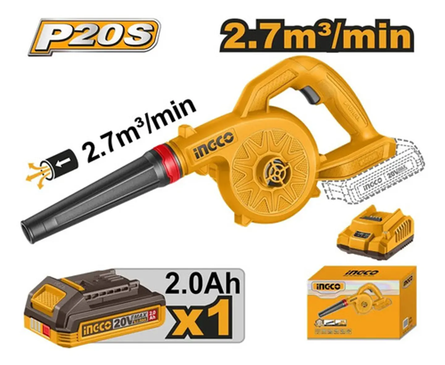 Soplador Inalambrico 20v 2.7 M3 Ingco Bat + Carg Cabli20781 3