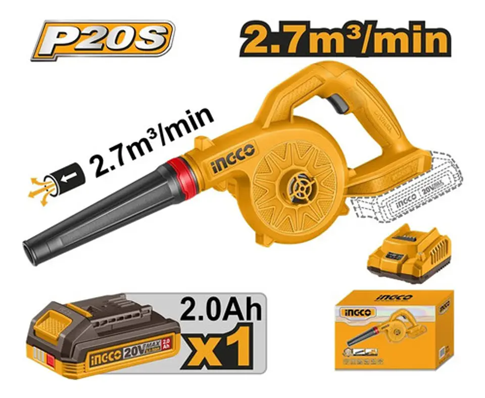 Soplador Inalambrico 20v 2.7 M3 Ingco Bat + Carg Cabli20781 3