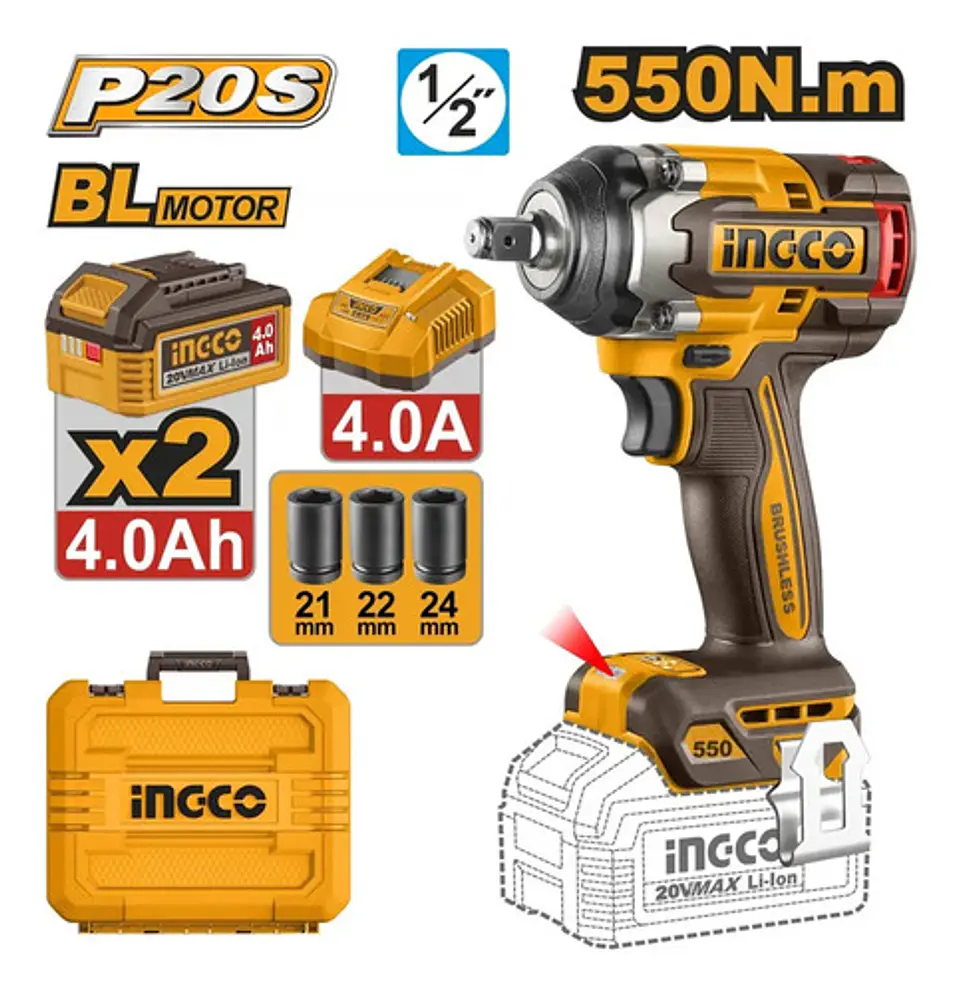 Llave Pistola De Impacto Bl 1/2 550 Nm Ingco 2 Bat Ciwli2055 4
