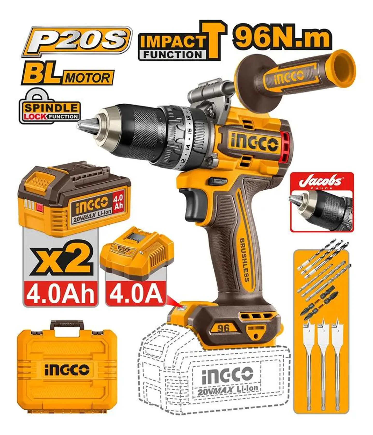 Taladro Percutor Bl 20v 96nm 2 Bate Maleta Ingco Cidli209686 Naranja Claro 50 Hz / 60 Hz 6