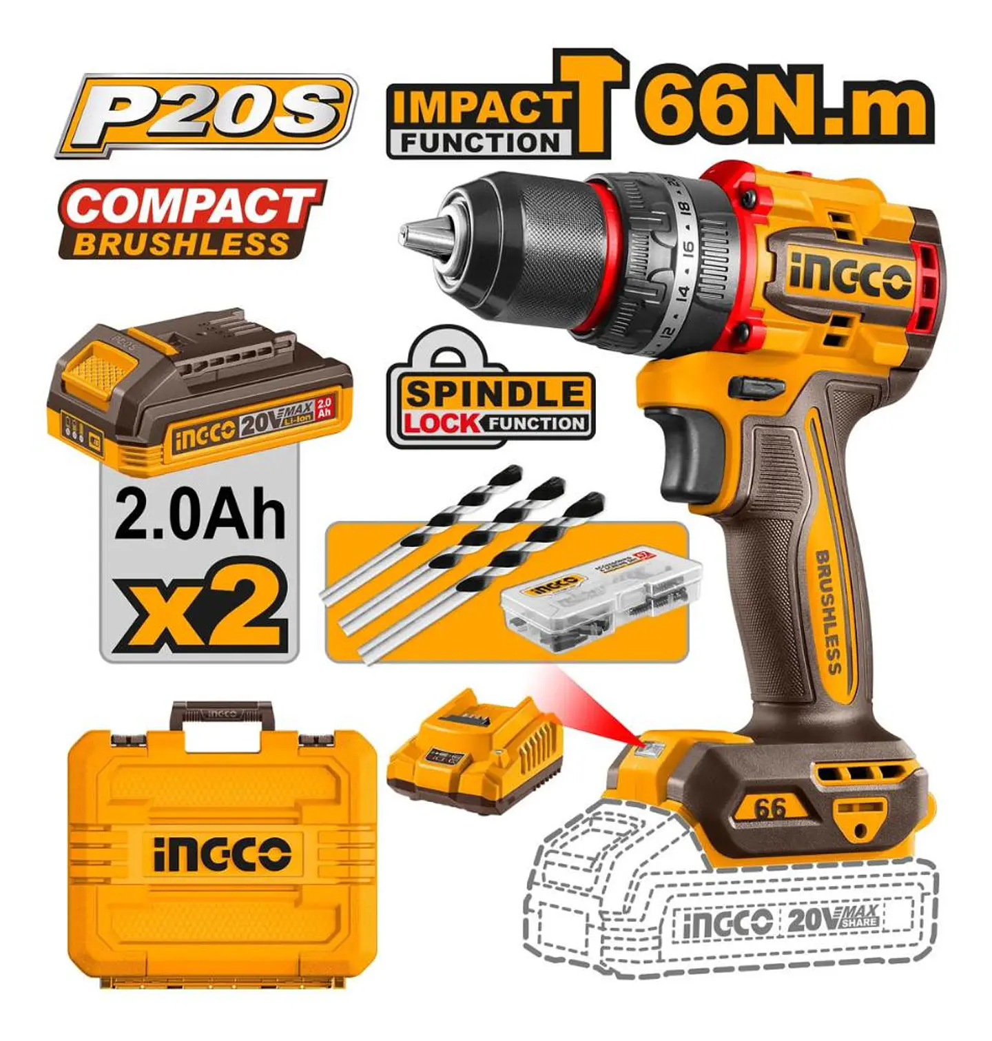 Taladro Perc Inalámbrico Bl 20v Ingco + 2 Bateria Cidli20668 - Amarillo - 50/60 10
