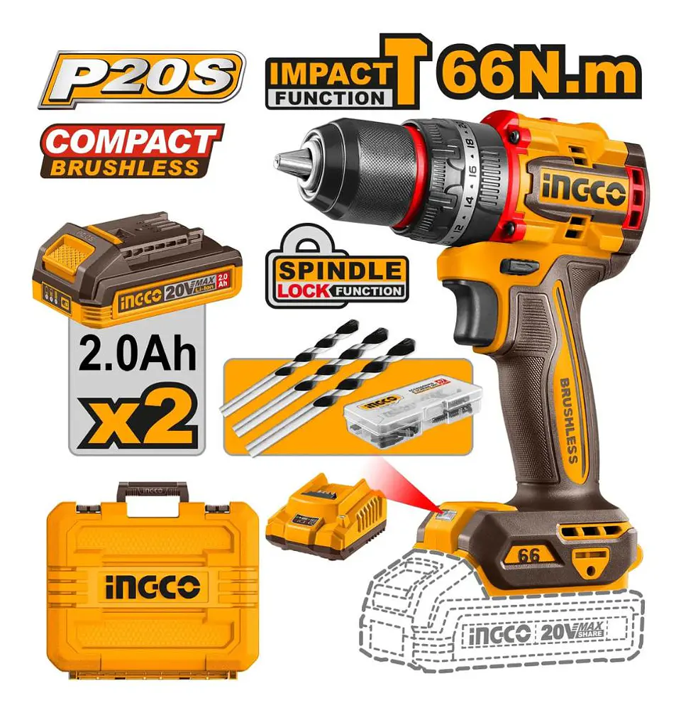 Taladro Perc Inalámbrico Bl 20v Ingco + 2 Bateria Cidli20668 - Amarillo - 50/60 10