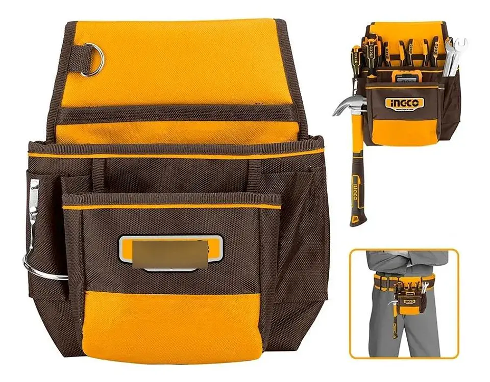 Bolso Porta Herramientas Cinturon 9 Bolsillo 35cm 10kg Ingco Marrón 1