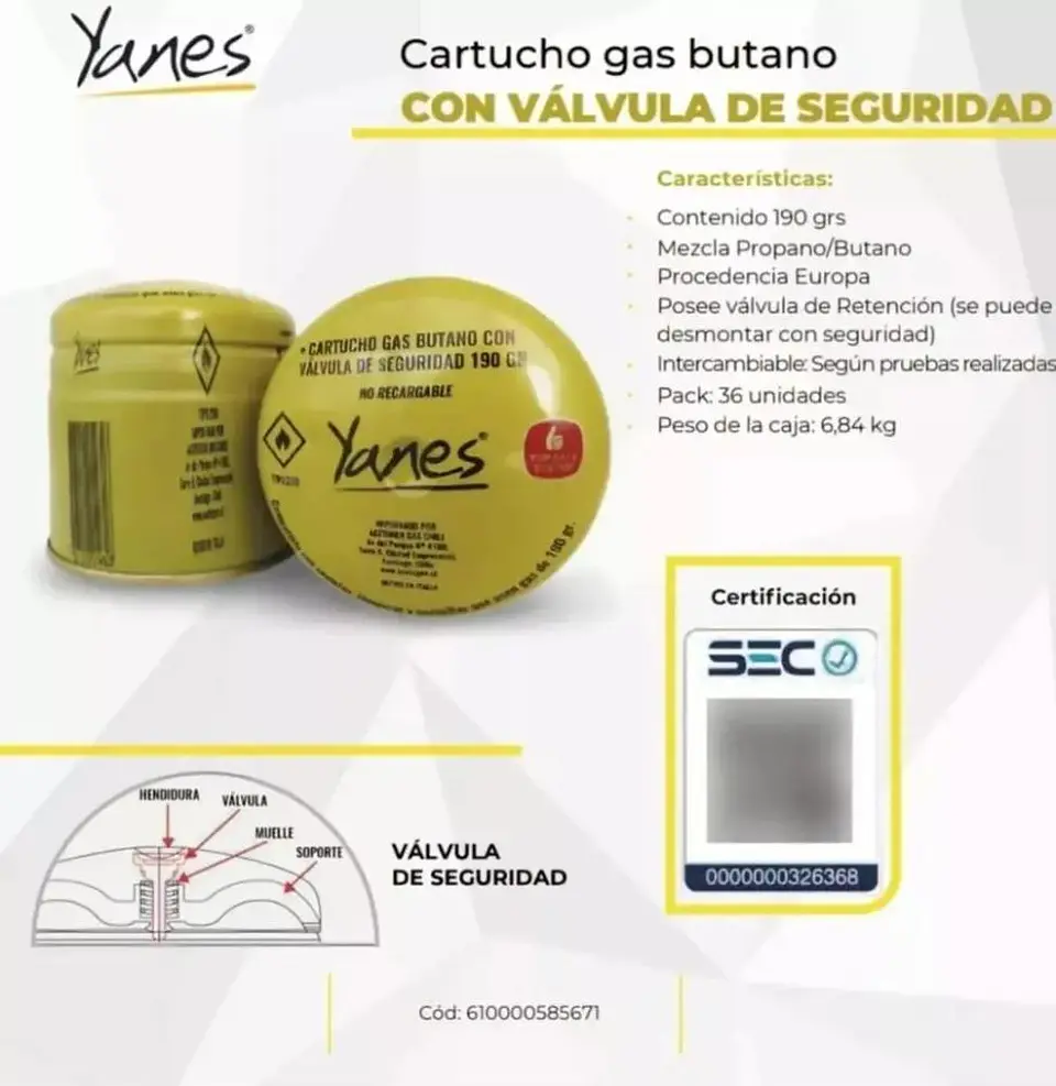 Cartucho Gas Butano C/valvula Seguridad 190gr Yanes 1 Unidad 4