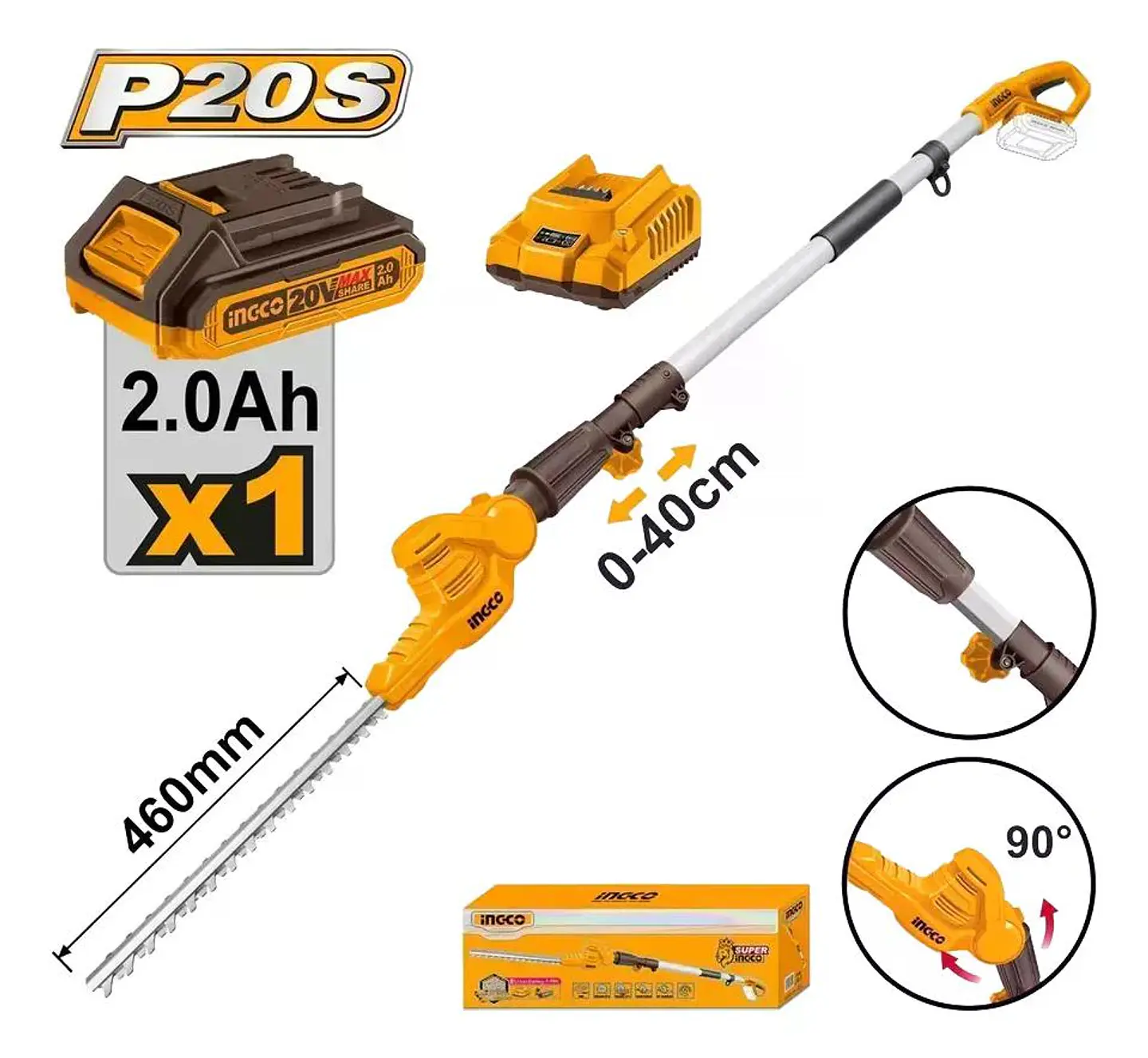 Cortaseto Podador De Altura Pertiga 20v 460mm Ingco Bat+carg 1