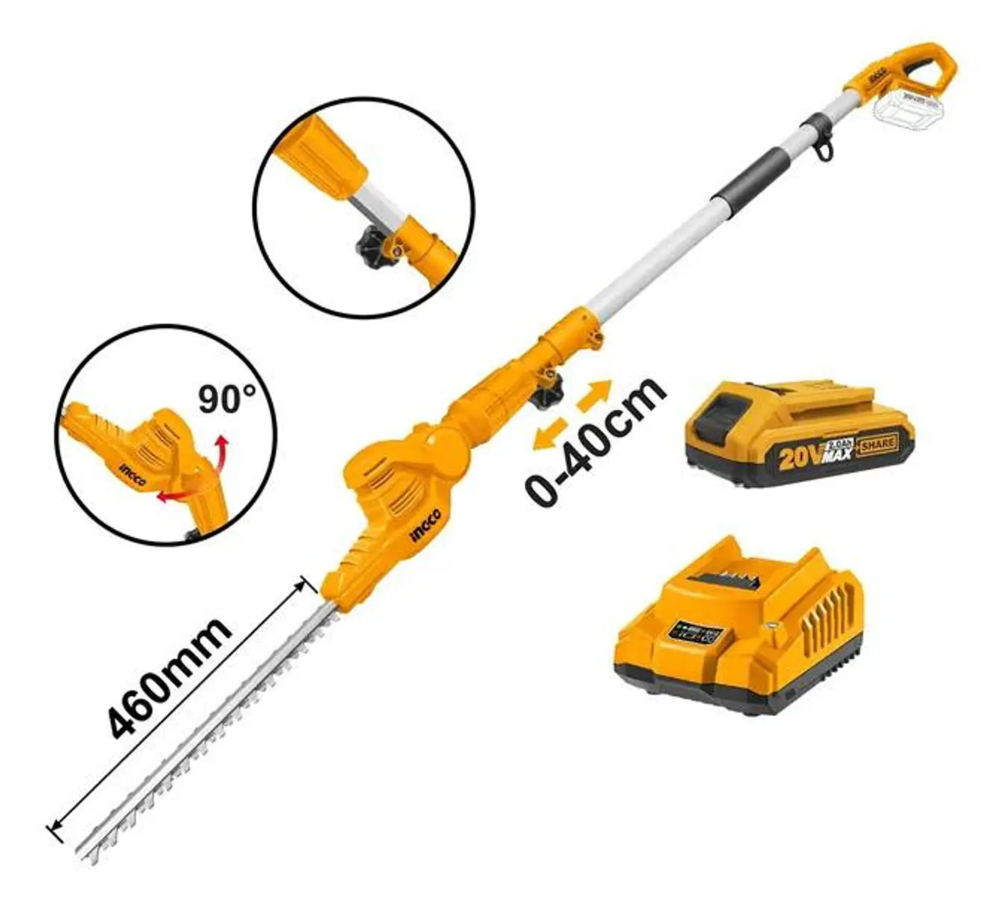Cortaseto Podador De Altura Pertiga 20v 460mm Ingco Bat+carg 2