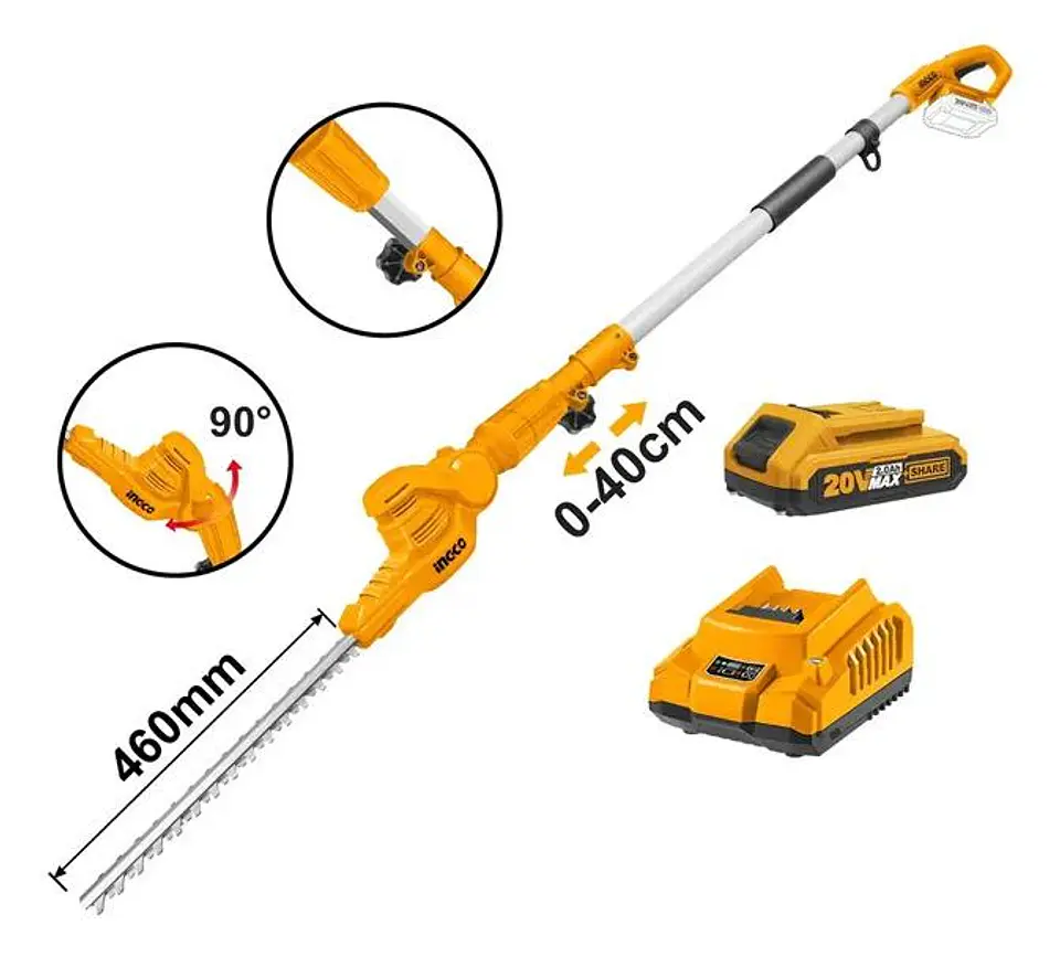 Cortaseto Podador De Altura Pertiga 20v 460mm Ingco Bat+carg 2