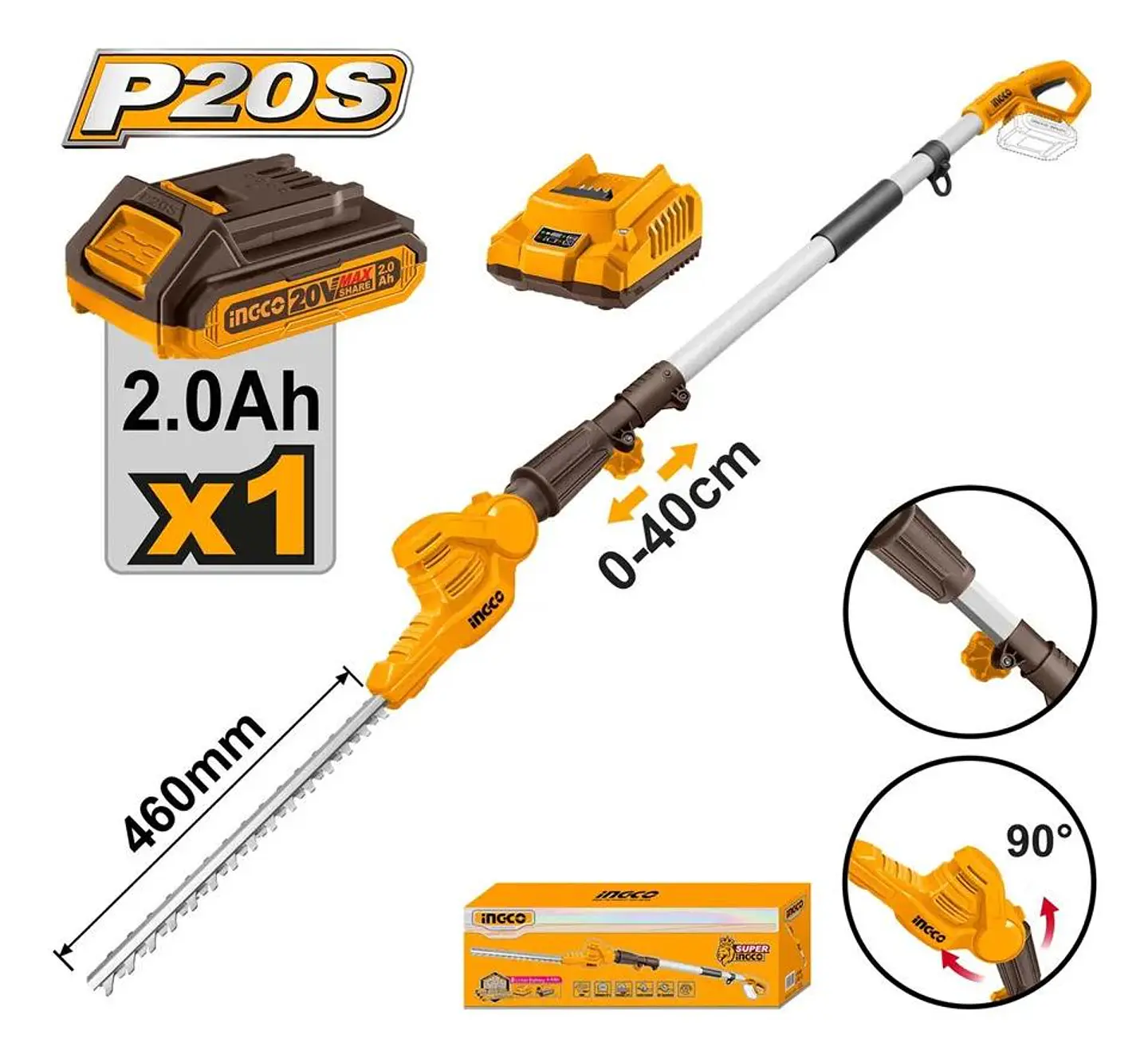 Cortaseto Podador De Altura Pertiga 20v 460mm Ingco Bat+carg 3