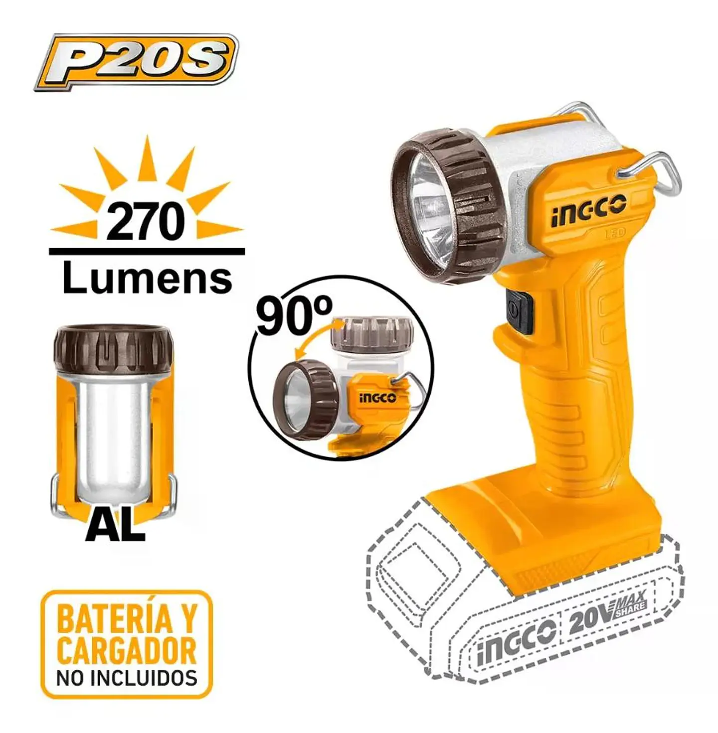 Linterna Inalámbrica Ingco 20v 270 Lm Lámpara S/bat Cwli2038 Blanco Amarillo 2