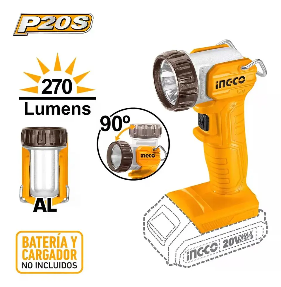 Linterna Inalámbrica Ingco 20v 270 Lm Lámpara S/bat Cwli2038 Blanco Amarillo 2