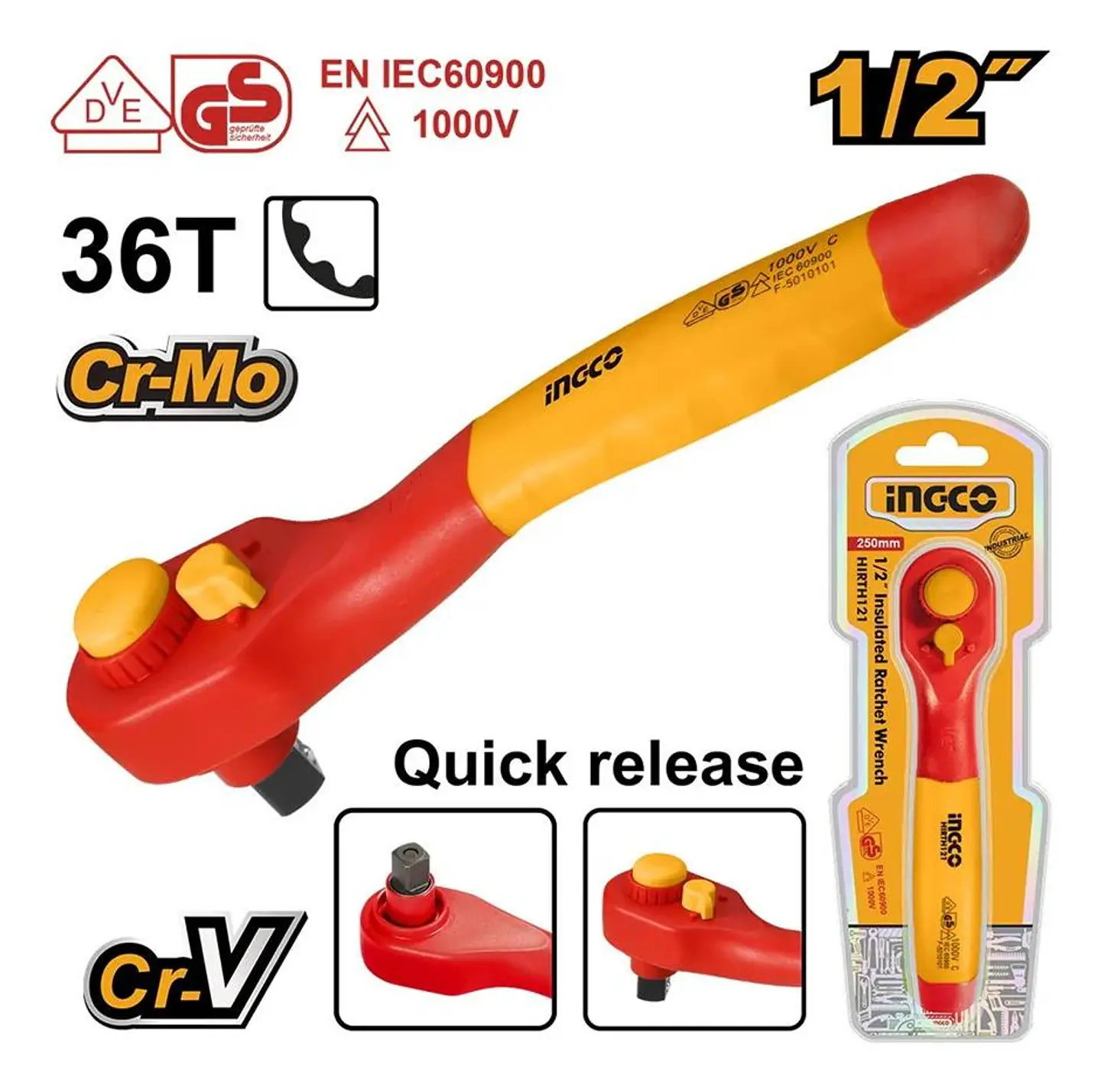 Llave Chicharra Industrial Aislada Vde 36t 1/2 Ingco Amarillo Amarillo 2