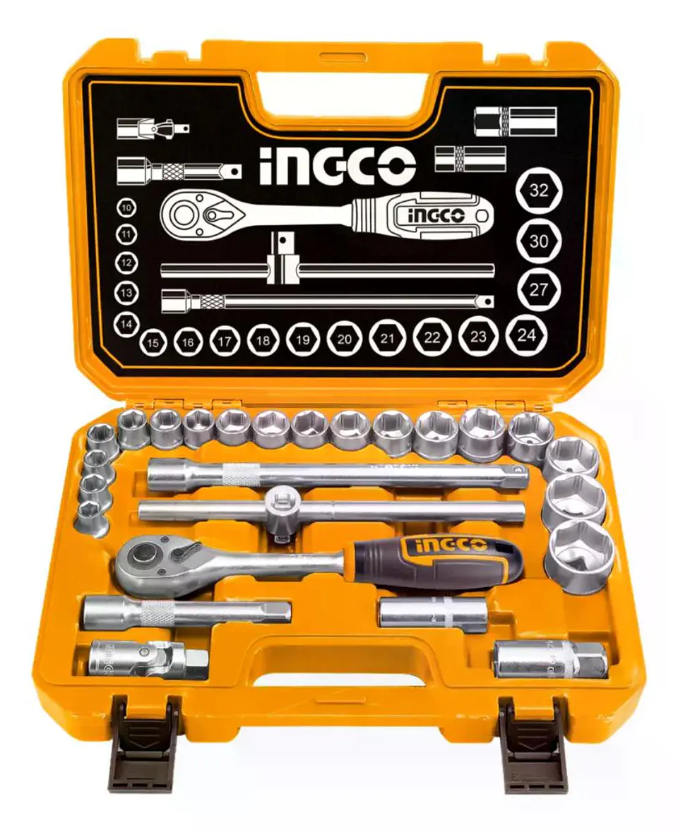 Set Dados Y Matraca Chicharra 25 Pzs 1/2 45t Ingco Hkts12251 Amarillo 1