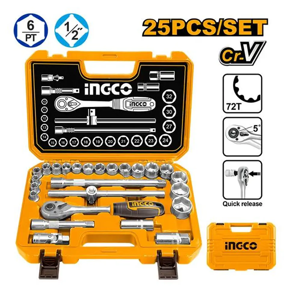 Set Dados Y Matraca Chicharra 25 Pzs 1/2 45t Ingco Hkts12251 Amarillo 2
