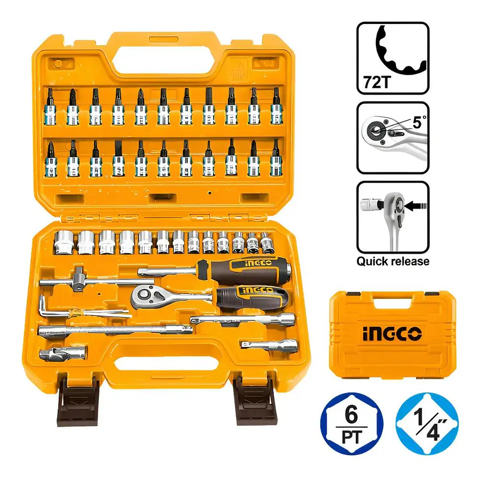 Set Dados Y Matraca Chicharra 46 Pzs 1/4 72t Ingco Hkts14462 Naranja Claro 1