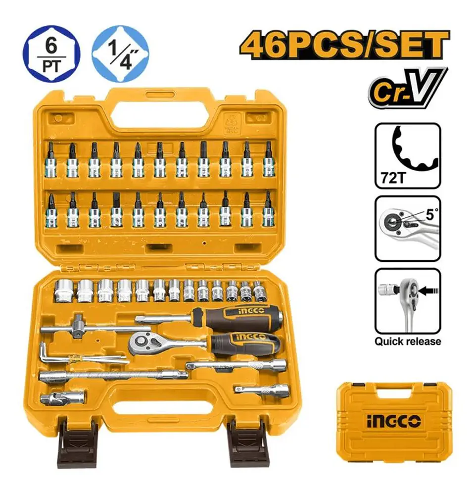 Set Dados Y Matraca Chicharra 46 Pzs 1/4 72t Ingco Hkts14462 Naranja Claro 2