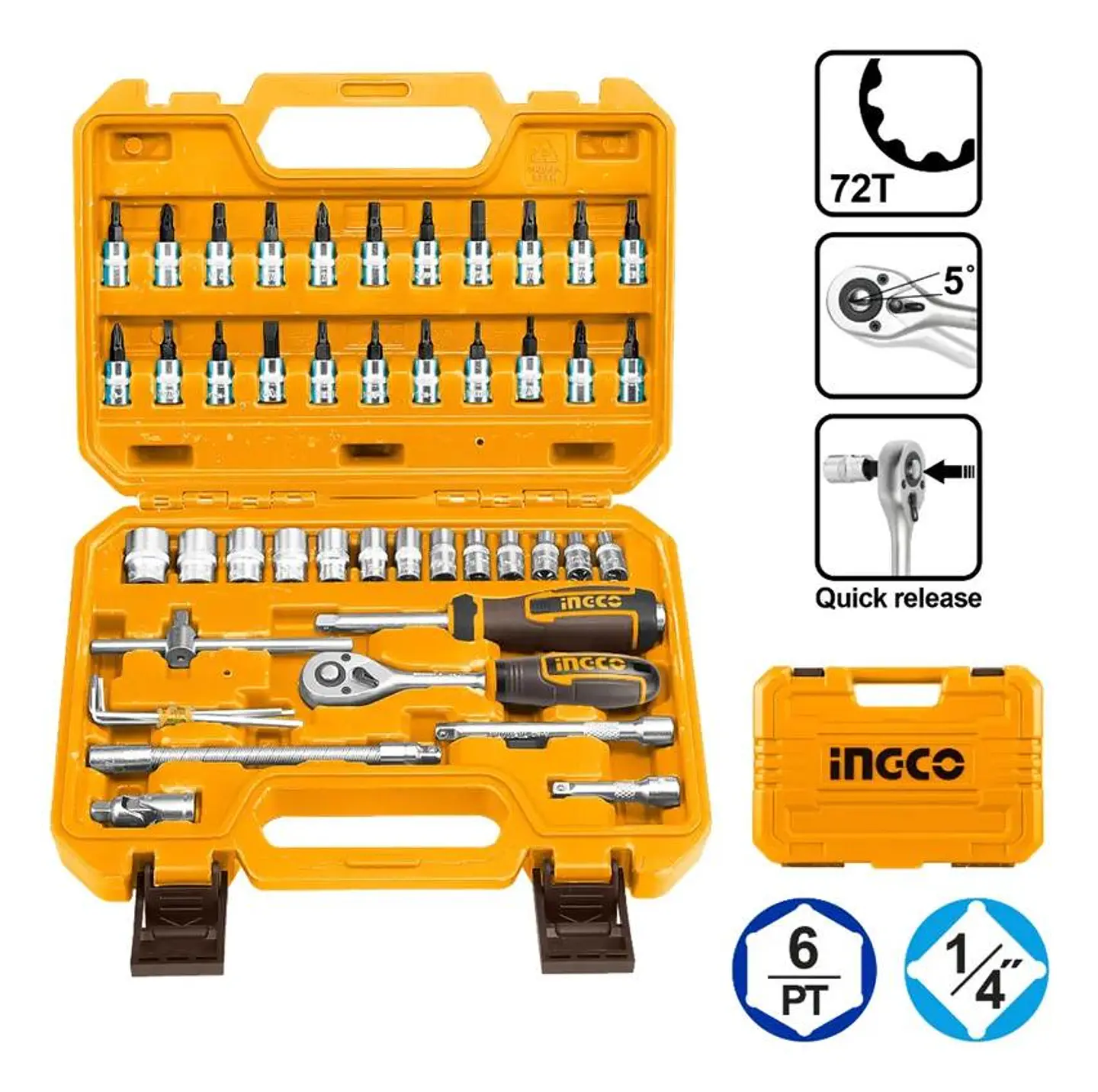 Set Dados Y Matraca Chicharra 46 Pzs 1/4 72t Ingco Hkts14462 Naranja Claro 4