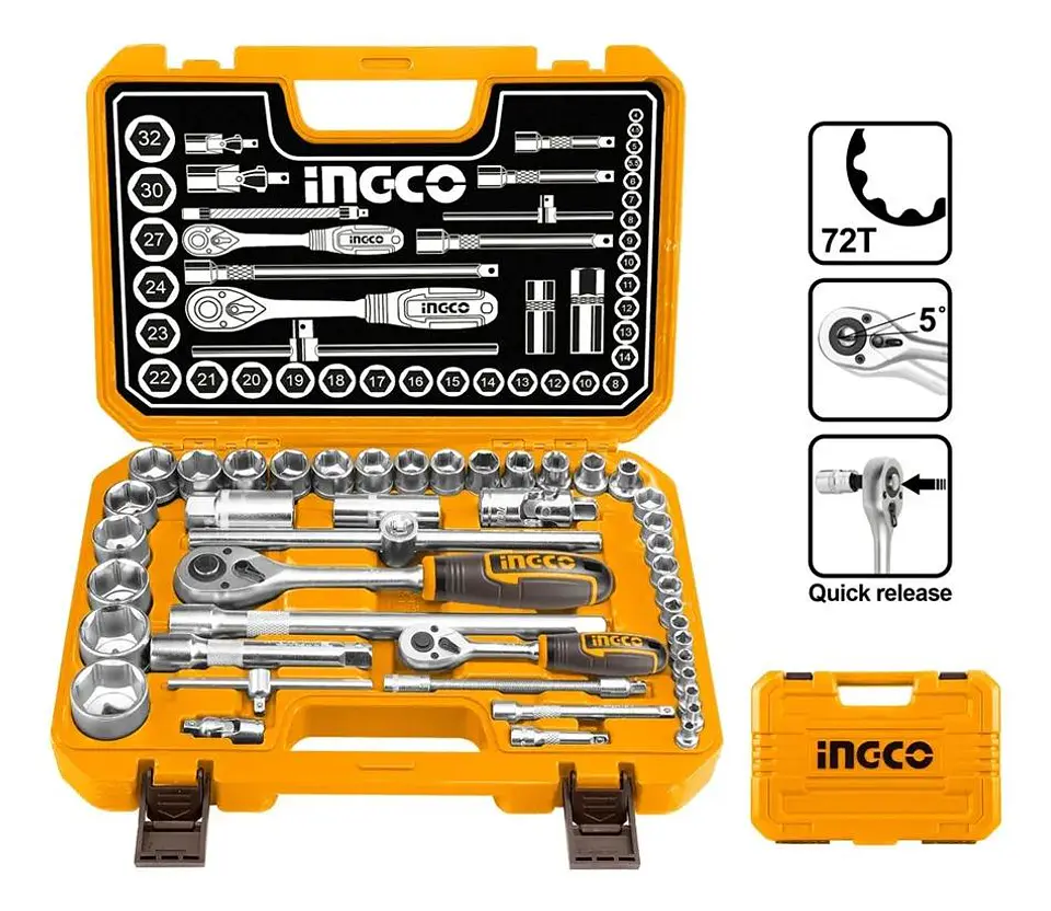 Set De Dados Y Matraca Chicharra 44 Pzs 1/2 - 1/4 PuLG Ingco Naranja 10