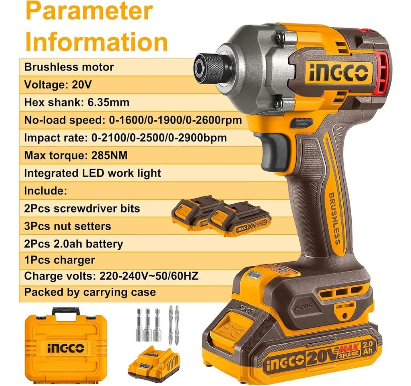 Atornillador De Impacto Bl 285 Nm Ingco + 2 Bat Cirli2028 Naranja 20v 3