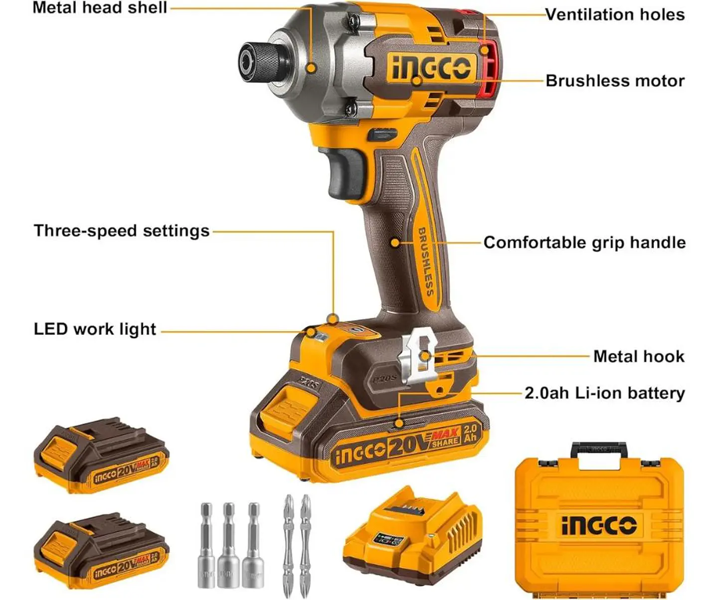 Atornillador De Impacto Bl 285 Nm Ingco + 2 Bat Cirli2028 Naranja 20v 4