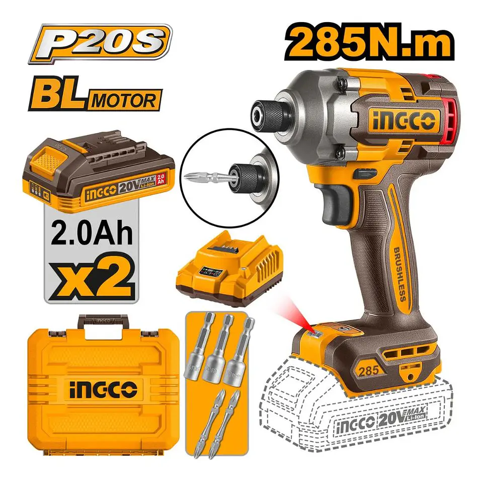 Atornillador De Impacto Bl 285 Nm Ingco + 2 Bat Cirli2028 Naranja 20v 8