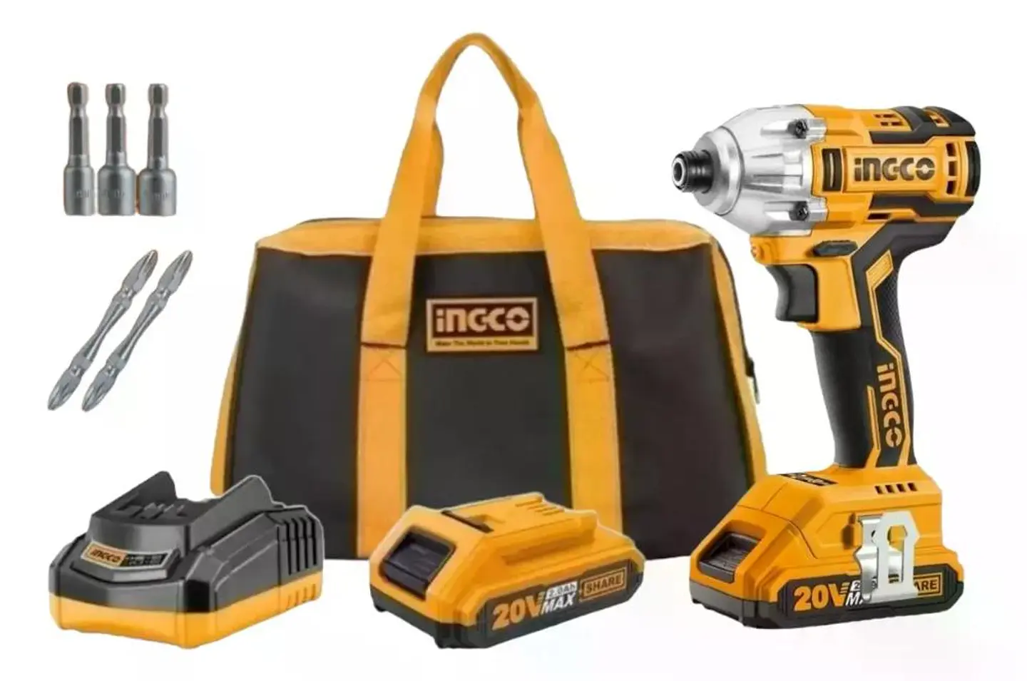 Atornillador De Impacto Ingco 20v + 2 Bat 2 Ah+ Carg + Bolso 20v 1
