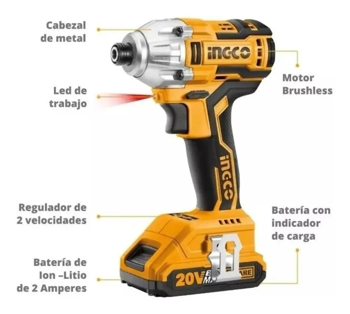 Atornillador De Impacto Ingco 20v + 2 Bat 2 Ah+ Carg + Bolso 20v 3