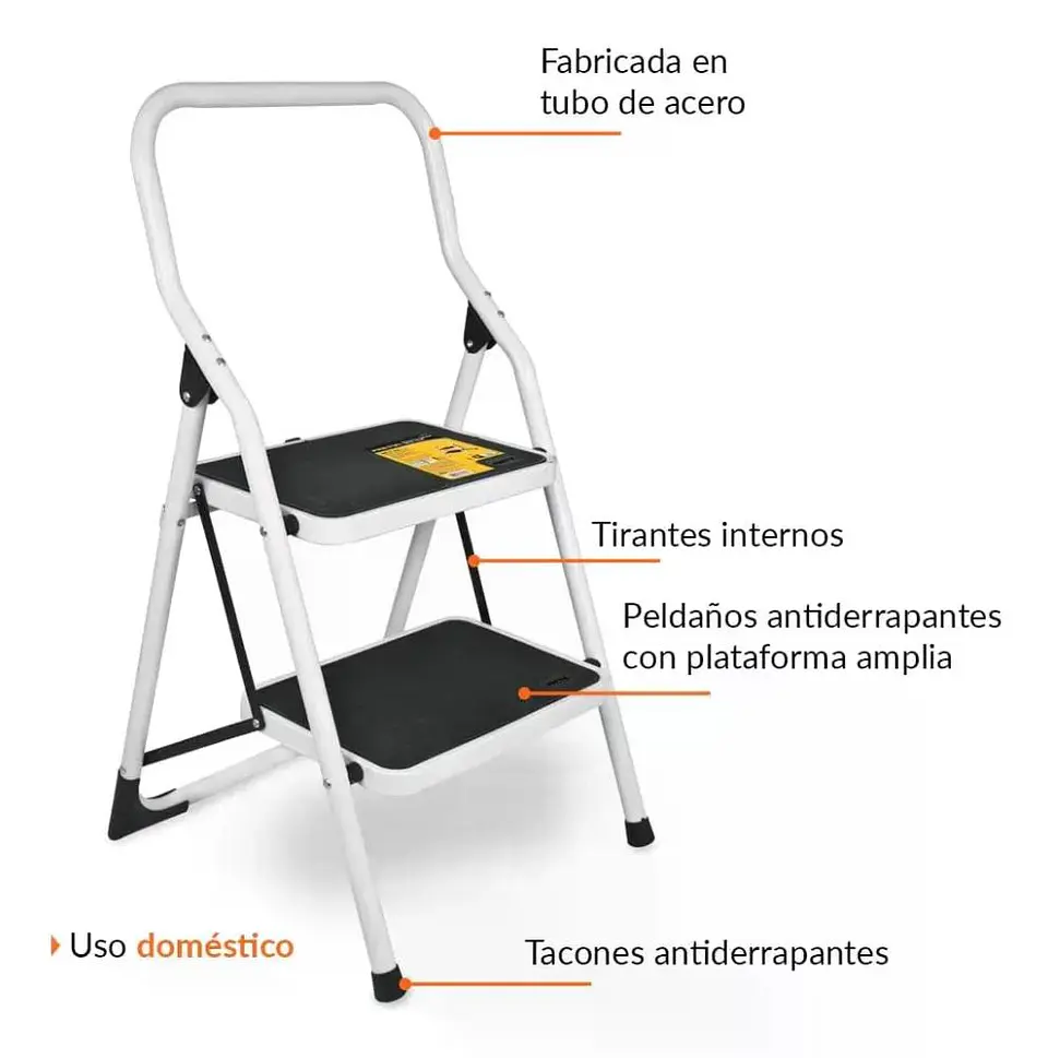 Escalera De Tijera Metalica 2 Peldaños Mirlo 902 Plegable Blanco 6