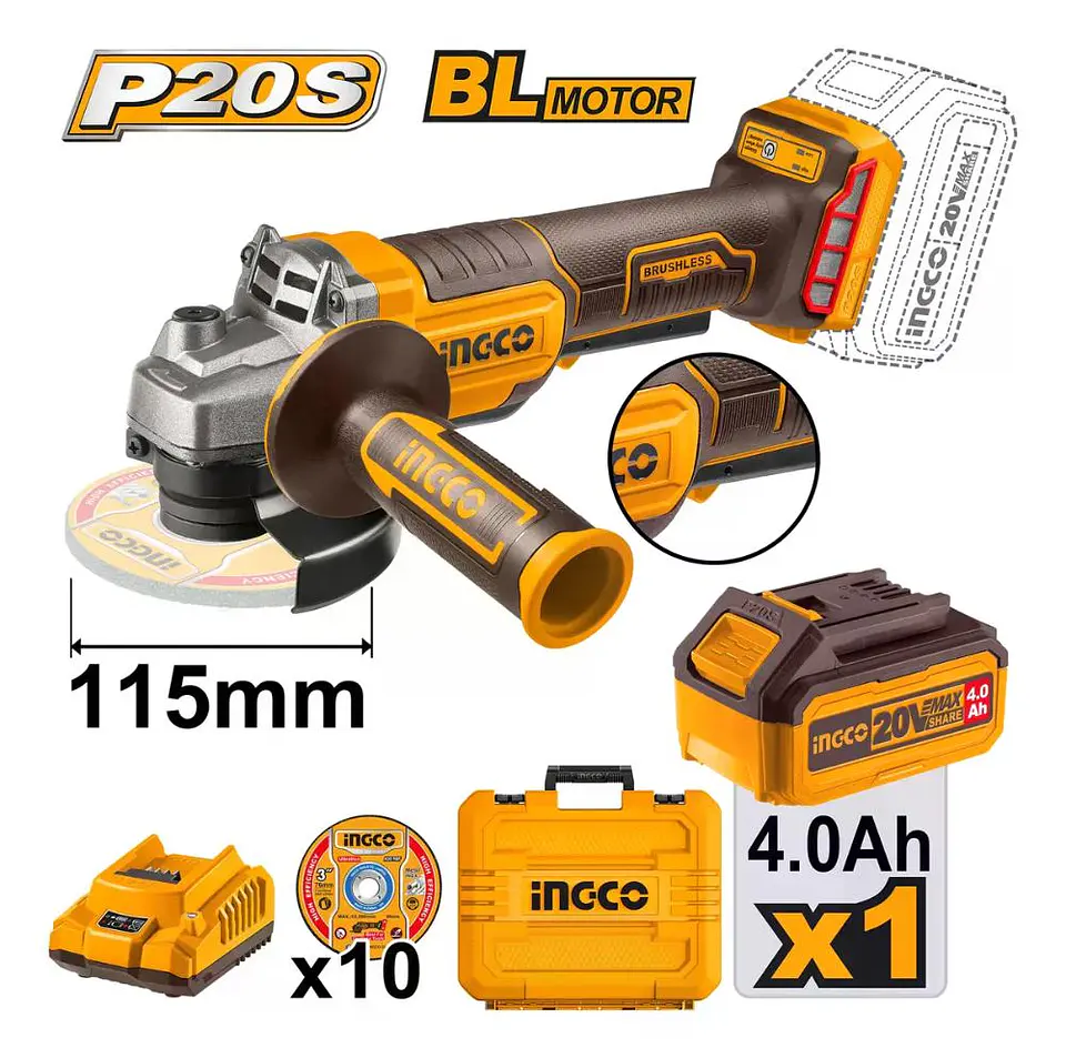 Esmeril Galletera Inalambrico 20v 115mm Ingco Cagli2111561 Naranja 9