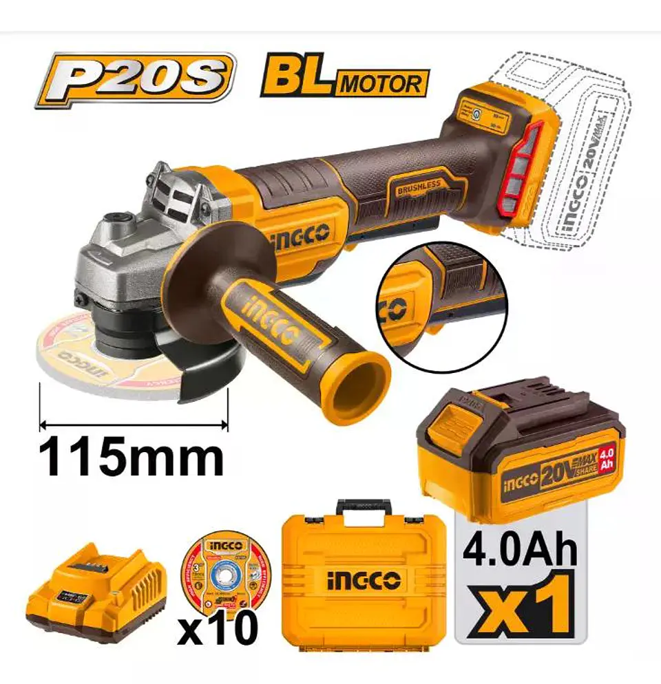 Esmeril Galletera Inalambrico 20v 115mm Ingco Cagli2111561 Naranja 12