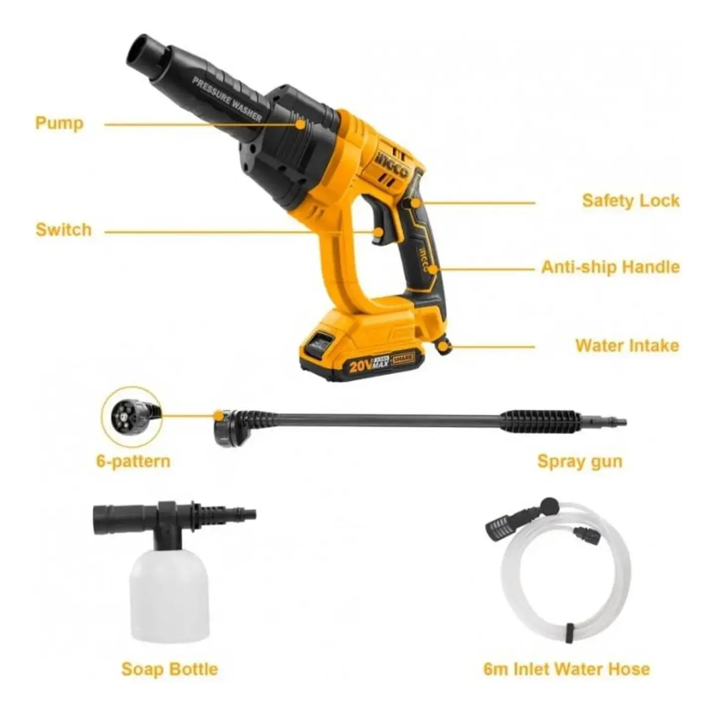 Hidrolavadora Inalambrica 20v Ingco + Bat+ Carg+ 5 Acc Naranja 50 Hz/60 Hz 3